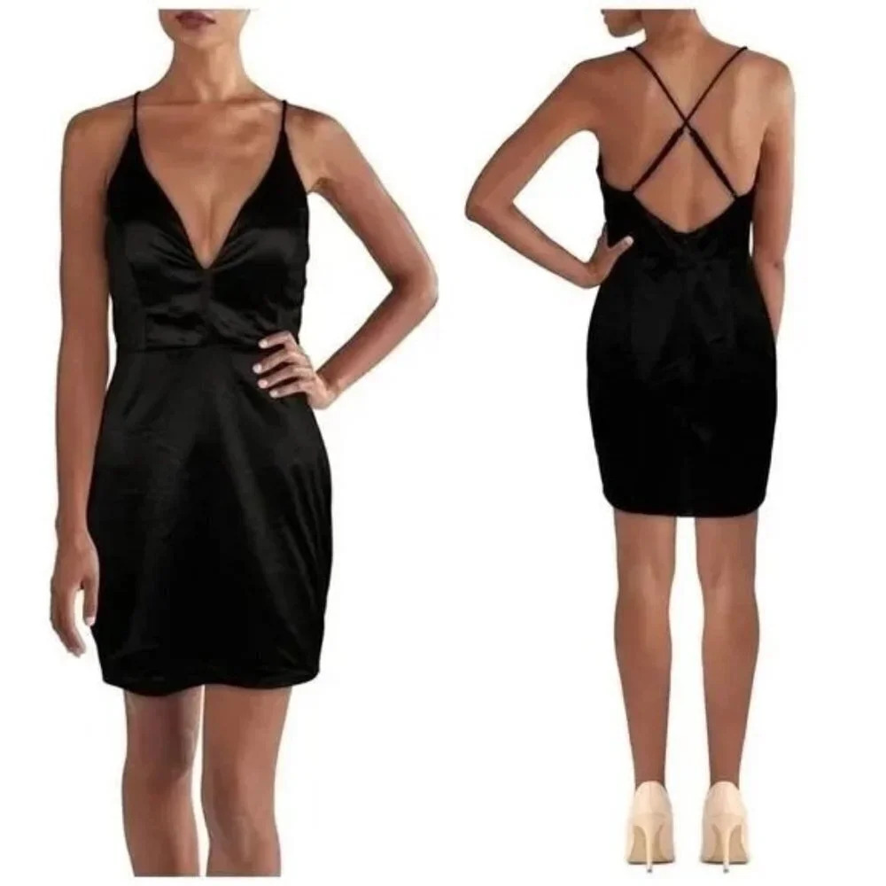 Jump‎ Apparel Nordstrom Black Satin V-Neck Cross Back Mini Dress Size 3/4 NWT
